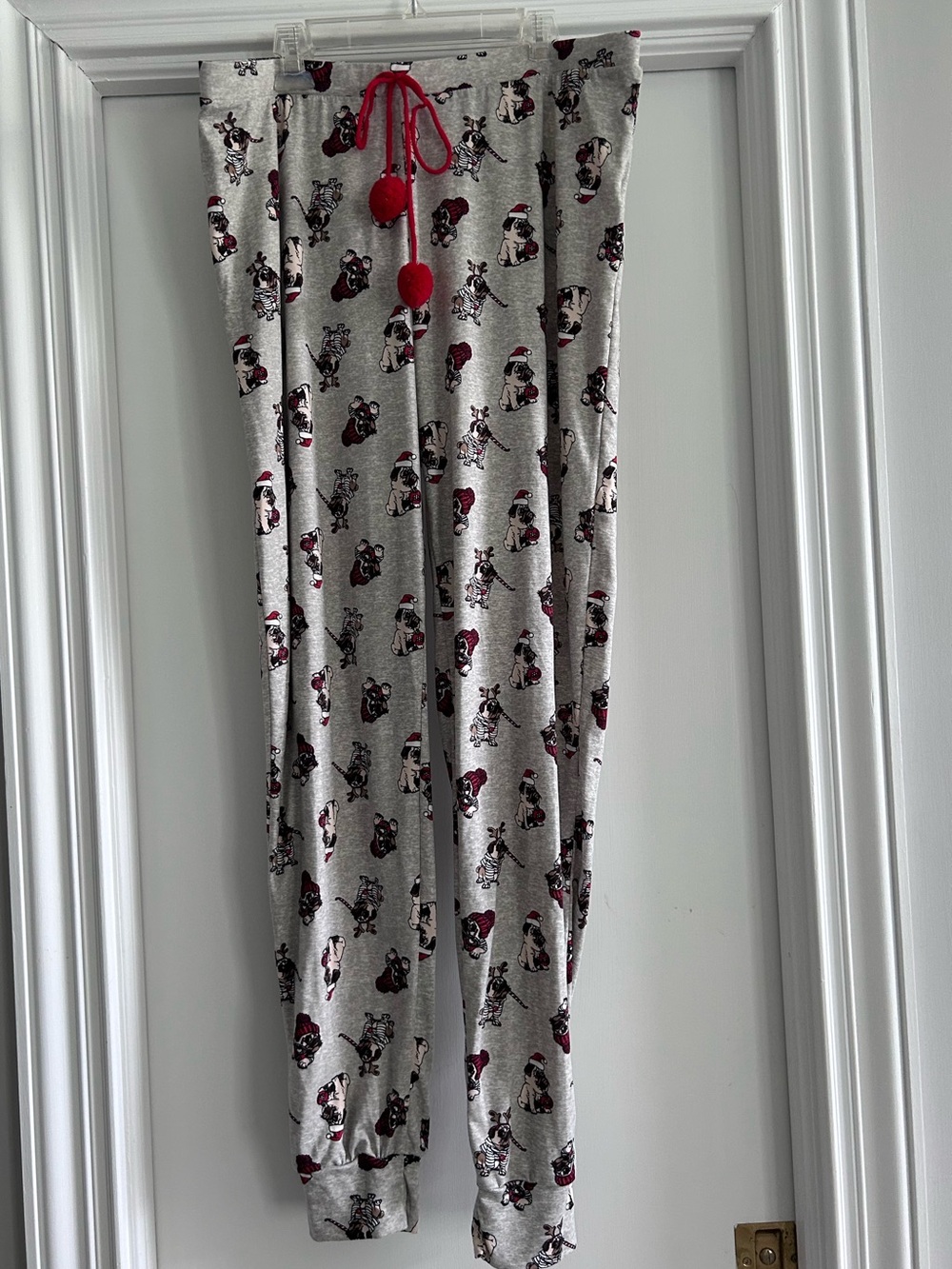Grey Holiday Dog Print Pajama Pants with Red Pom Drawstring
